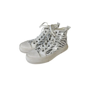 Women's Michael Kors White Silver Sequin Zebra High Top Sneakers Size 8